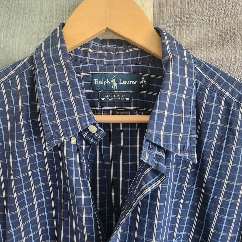 Ralph Lauren Mens XXL Custom Fit Plaid Button Down Shirt‎ Navy Blue 2-Ply Cotton
